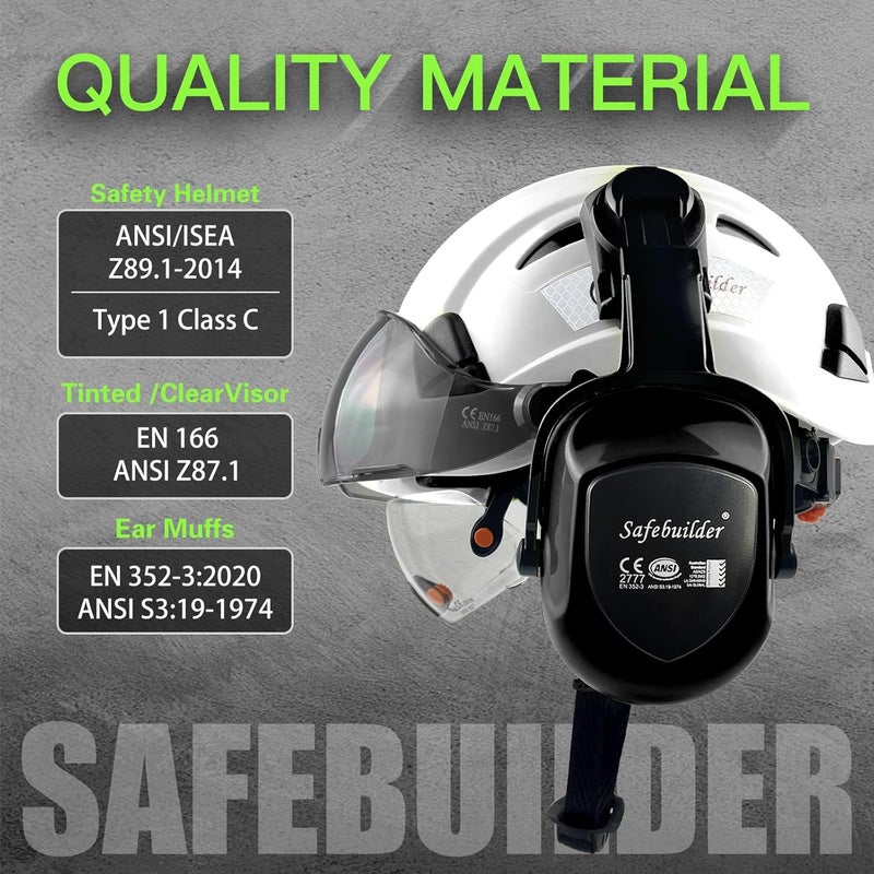 SAFEBUILDER Industrial Safety Helmet with Visor Ear Muffs Hard Hat with Visor Vented Hardhats Construction Work Head Protection ANSI - Image 3